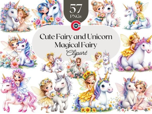 Download Cute Fairy and Baby Unicorn with Flowers - Premium Resources